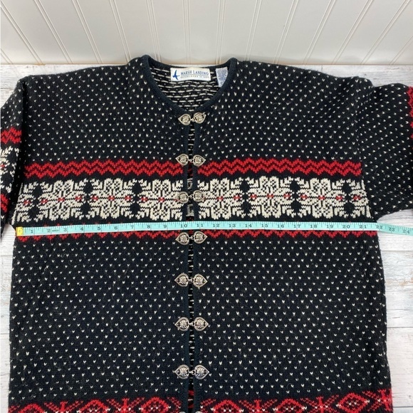 Vintage Women’s Marsh Landing Black Red White‎ Fair Isle Sweater Cardigan Large - Picture 8 of 12